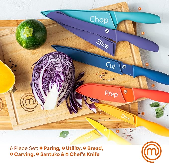 MasterChef Immersion Blender + Knife Set with Whisk &amp Frother Attachments + Covers