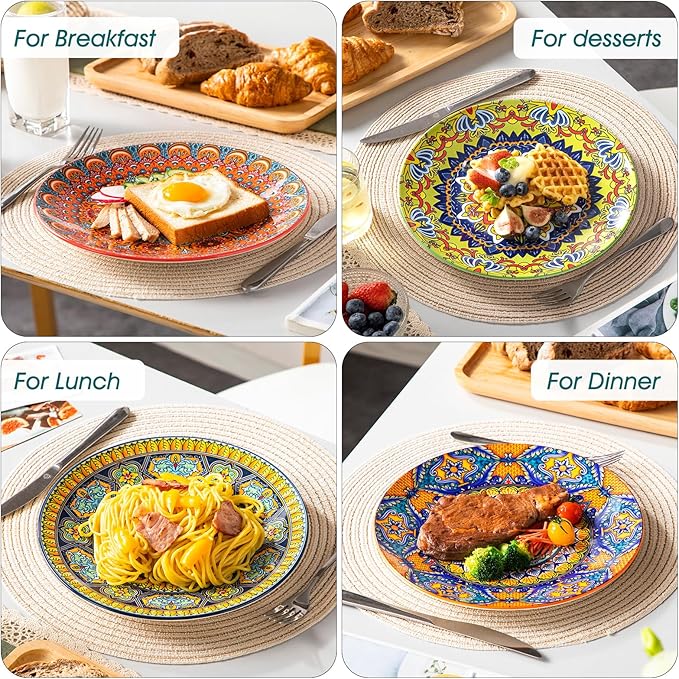 vancasso Colorful Dinner Plates Set of 6 10.5 Inch Ceramic Kitchen Plates for Dinner Bohemian Printed Dishes for Dining Microwave &amp Dishwasher Safe Plate Set Series KRVI