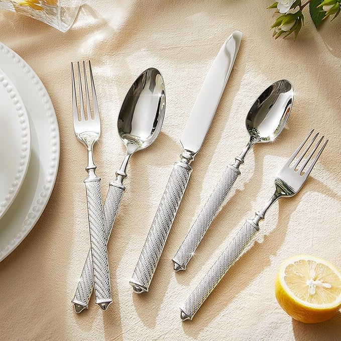 KINGSTONE Retro Rope-Pattern Silverware Set 60-Piece Flatware Set Cutlery Set Forged with Handcrafted Texture Handles 18/10 Stainless Steel Dishwasher Safe