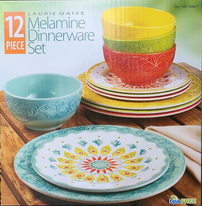 Laurie Gates - 12 Piece Melamine Dinnerware Set (Yellow &amp Orange &amp Green &amp Blue)
