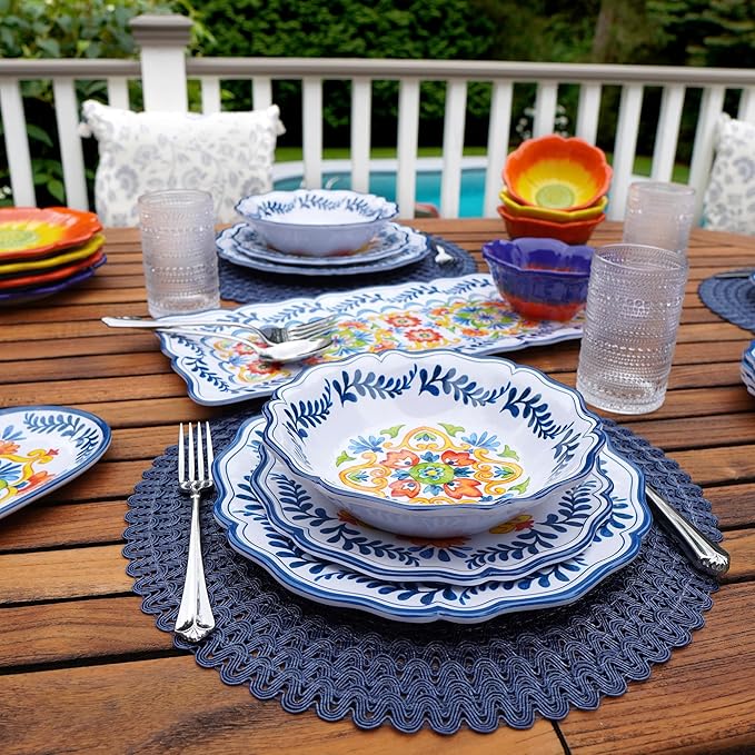Flores Melamine 12 Pc Dinnerware Set Service for 4 – Unbreakable Outdoor Plates and Bowls Vibrant Floral Design Great for Entertaining Patio Dining Gifting and Everyday Use