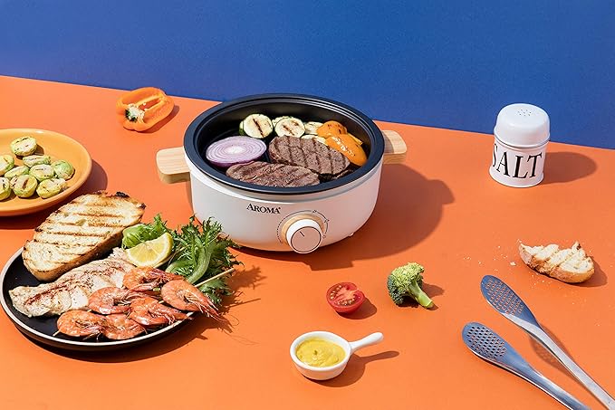 Aroma Housewares AMC-130 Whatever Pot Indoor Grill Cooking Hot Pot with Glass Lid Bamboo Handles 2.5L Stainless Steel/White