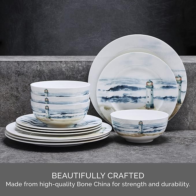 Mikasa Seaside Coastal Bone China Lightweight Chip Resistant 12 Piece Dinnerware Set Service for 4