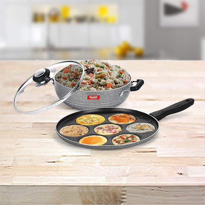 Sumeet NonStick Sudrabs Cookware Set (Kadhai with Glass Lid -2Ltr - 22Cm Dia + Multi Snack Maker - 7 Cavity - 26.5Cm Dia)