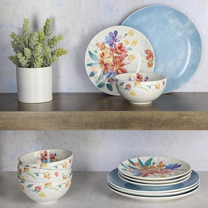 Spice by Tia Mowry Goji Blossom Decorated Porcelain Chip and Scratch Resistant Dinnerware Set Blue 12-Piece
