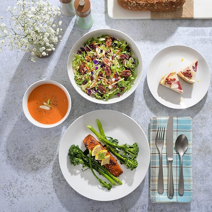 Gibson Home Gracious Dining Double Bowl Porcelain Chip and Scratch Resistant Dinnerware Set Service for 4 (16pcs) White (Coupe)
