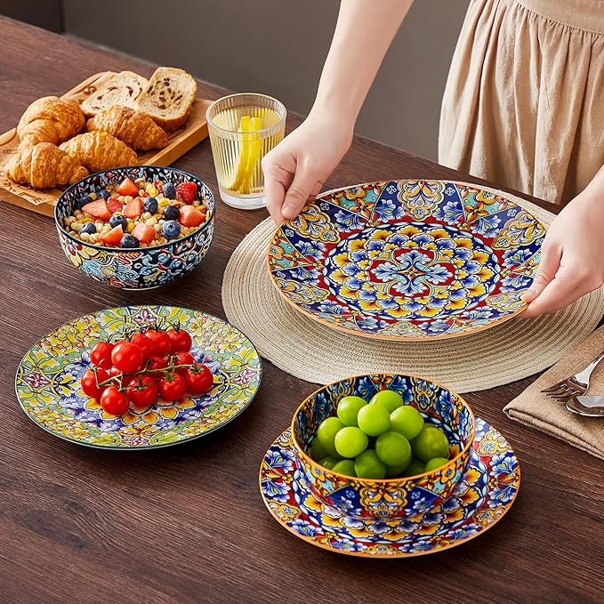 vancasso 18 Pieces Dinnerware Sets Plates and Bowls Set Porcelain Dishes Set for 6 Microwave and Dishwasher Safe Scratch Resistant Bohemian Style Dining Ware Service for 6 Series SIMI
