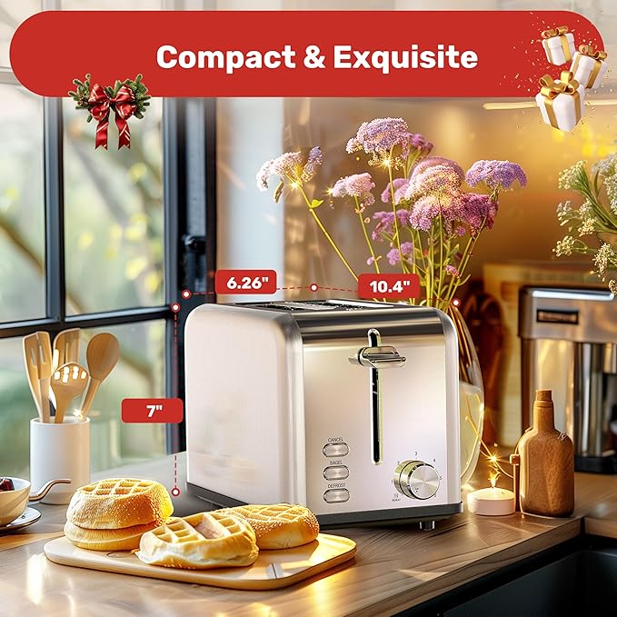YSSOA 2 Slice Stainless Steel Toaster 6 Shade Settings and Bagel/Defrost/Cancel Functions with Extra Wide Slot &amp Removable Crumb Tray for Various Bread &amp Waffle Silver New