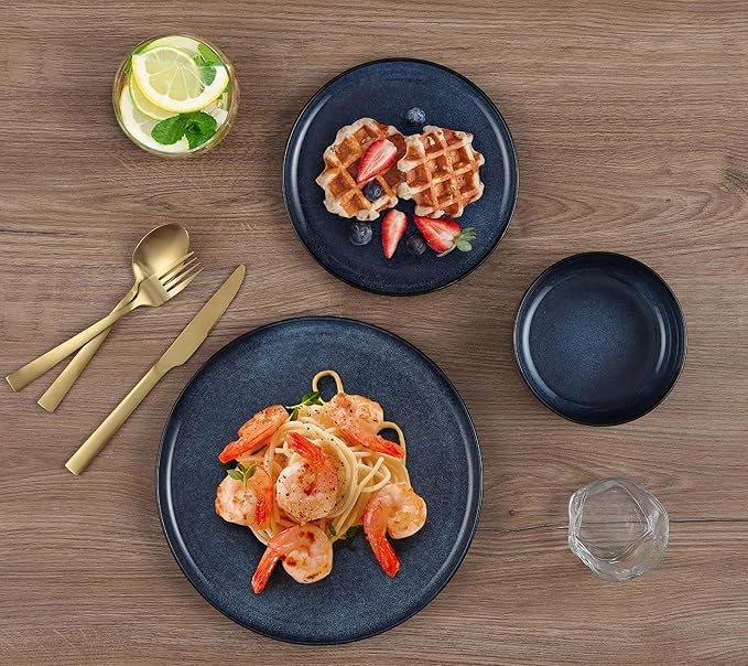 E-far Dinnerware Sets for 4 16-Piece Stoneware Plates and Bowls Set Reactive Glaze Dishes Dinning Ware Set Chip &amp Scratch Resistant Microwave &amp Dishwasher Safe - Deep Sea Blue
