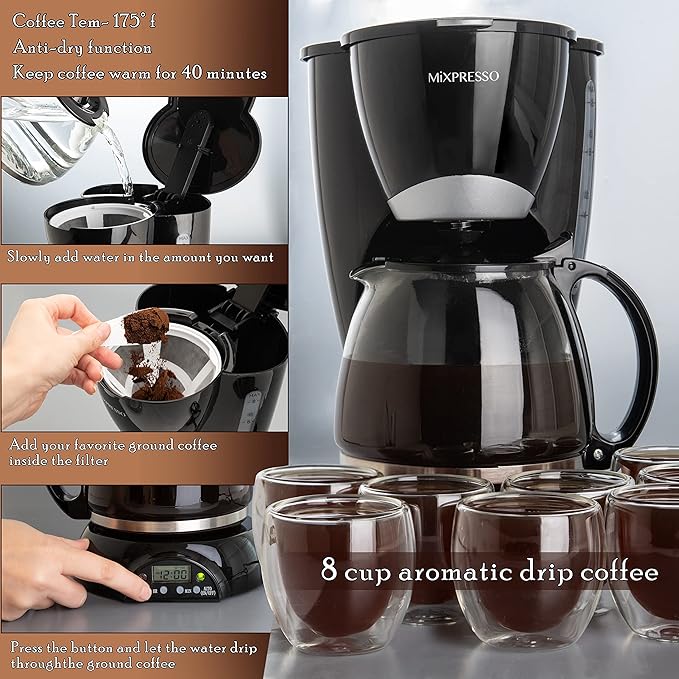 Mixpresso 8-Cup Drip Coffee Maker Programmable Coffee Pot Machine Including Reusable &amp Removable Coffee Filter Black Electric Coffee Maker