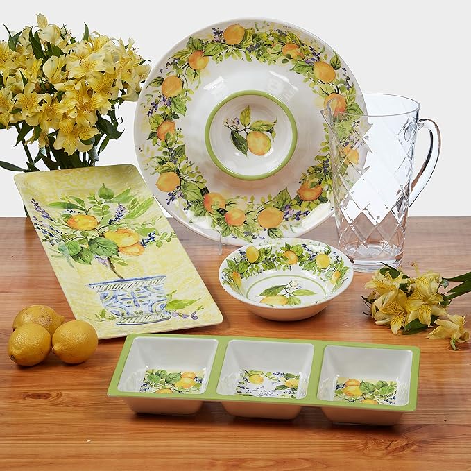 Lemon Zest 12-Piece Melamine Dinnerware Set Service for 4 – Unbreakable Outdoor Plates &amp Bowls for Patio Dining Summer BBQs Poolside Meals Picnics Everyday Family Use &amp Entertaining