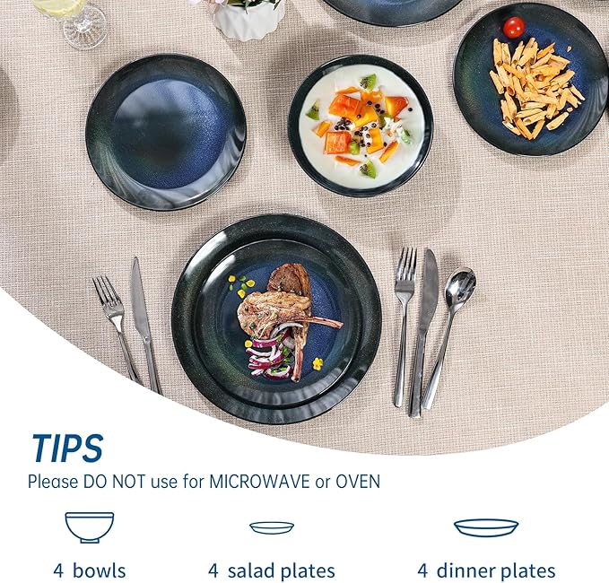 Melamine Dinnerware Set 12pcs Plates and Bowls Set Blue Dinner Dishes Set for Indoor and Outdoor BPA-Free Dishwasher Safe