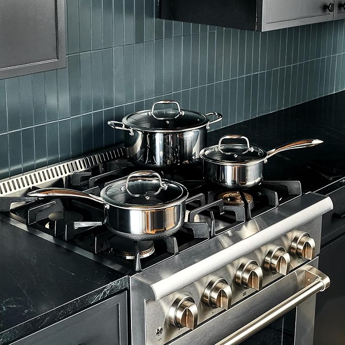 HexClad Hybrid Nonstick 6-Piece Pot Set with 2 Silicone Trivets 2 3 and 8-Quart Pots with Tempered Glass Lids Stay-Cool Handles Dishwasher-Friendly Induction Ready Compatible with All Cooktops
