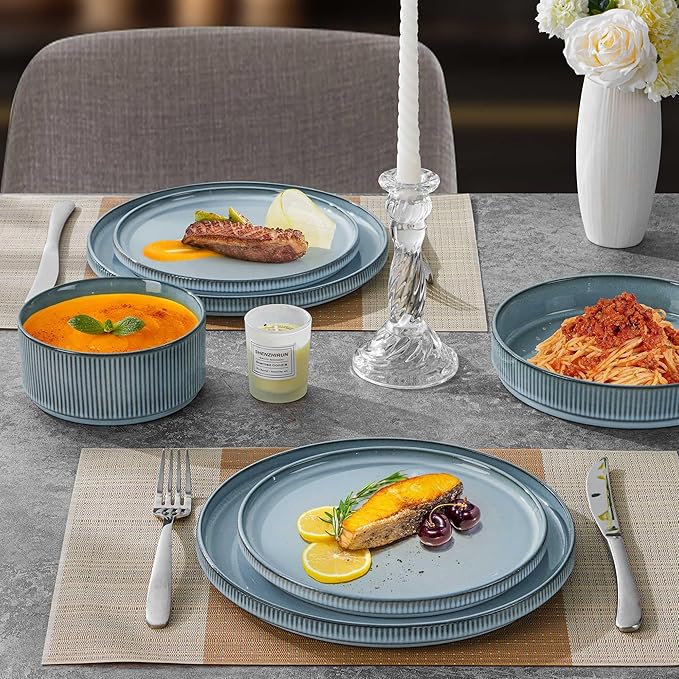 LIANYU Dinnerware Stoneware Sets with Pasta Bowls 16 Piece Plates and Bowls Set for 4 Ribbed Dishes Set for Home Microwave and Dishwasher Safe Slate Blue