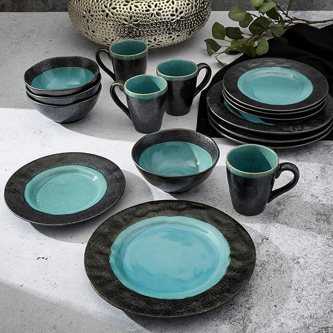 Gibson Elite Dragonstone Round Reactive Glaze Stoneware Dinnerware Set Service for Four (16pcs) Aqua