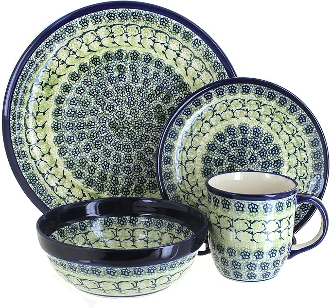 Blue Rose Polish Pottery - Blue Mosaic Beach 4 PC Place Setting - Service for 1-1 Place Setting - Great for Everyday Dining Casual Dining or as Formal Dinnerware