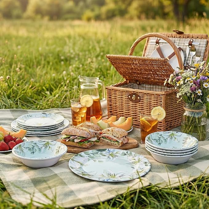 12-Piece Melamine Dinnerware Set - Shatterproof Plates and Bowls Sets for Everyday DiningElegant Lily Pattern Dish Set Outdoor Picnics and RV Camping Green &amp White