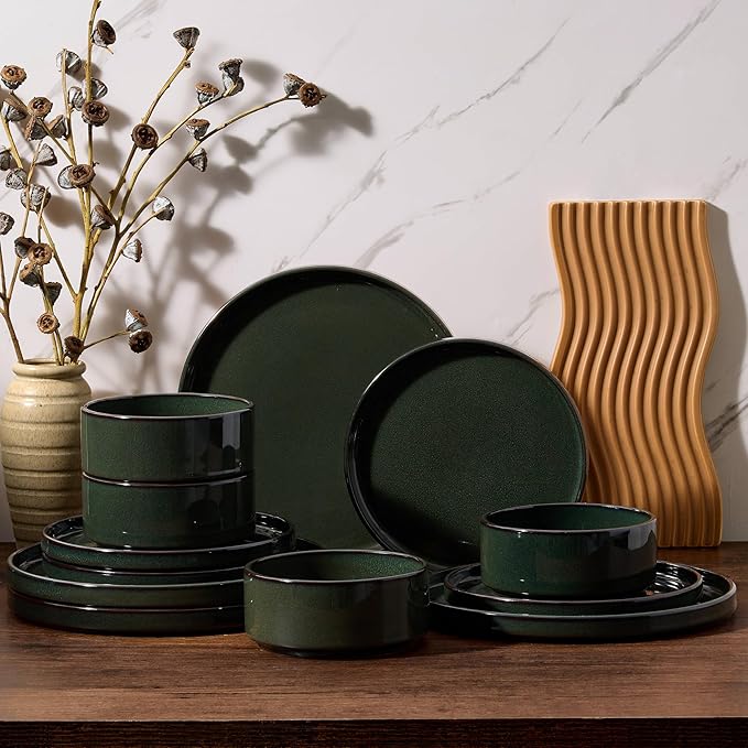 Vesteel 12-Piece Dinnerware Set Ceramic Tableware Reactive Glaze Plates and Bowls Sets Healthy Yixing Purple Clay Dishes Set Dishwasher &amp Microwave Safe - Blackish Green