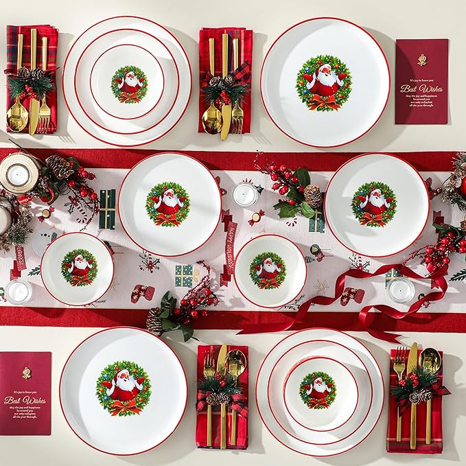 MALACASA Plates and Bowls Sets 12 Pieces Christmas Porcelain Dinnerware Set for 4 Ceramic Dishware Dishes Kitchen Dinner Dining Ware Set Microwave and Dishwasher Safe Series LUNA-Santa Claus