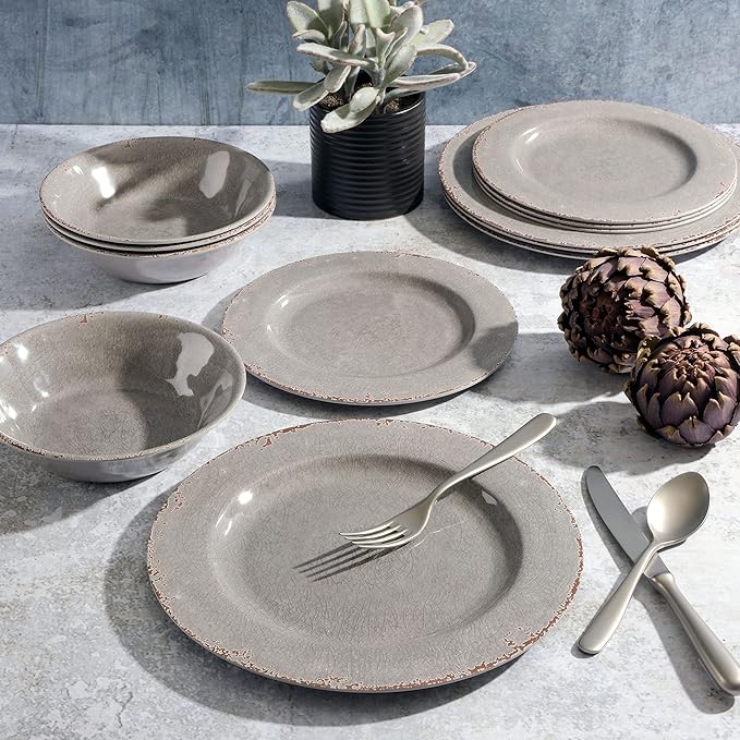 Gibson Home Mauna Melamine Plastic Dinnerware Set Service for 4 (12pcs) Grey Rustic