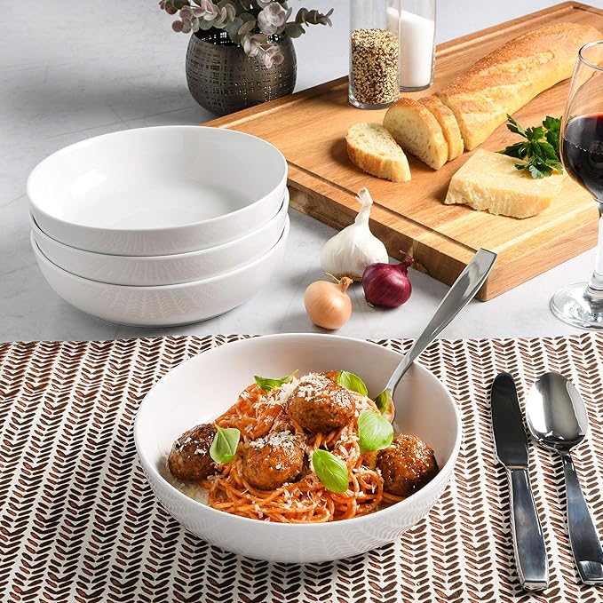 Gibson Home Zen Buffet 4-Piece 41oz Salad Bowls Porcelain Ceramic Chip and Scratch Resistant Pasta Bowl Serving Bowls Soup Bowls Set Large Capacity Dishwasher &amp Microwave Safe White