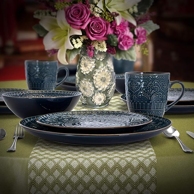Elama Deepsea Mozaic 16 Piece Round Stoneware Dinnerware Set in Sea Blue