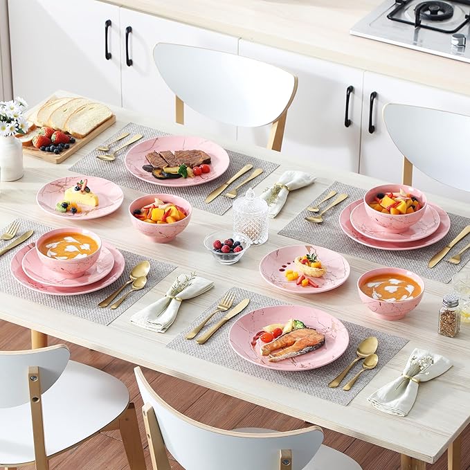 LOVECASA Pink Dinnerware Sets for 4 12 Piece Porcelain Plates and Bowls Sets Gold Splash Dish Set Modern Ceramic Dinner Set Dishwasher Microwave Safe