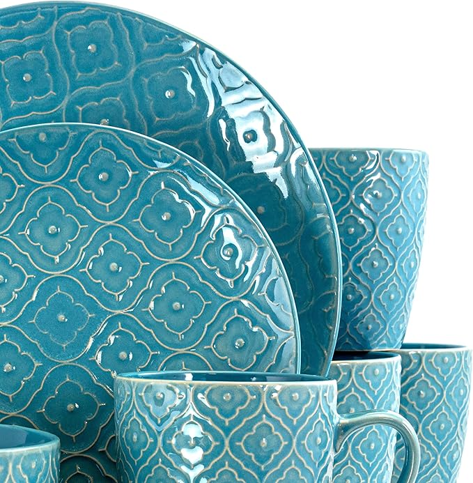 Unknown1 16 Piece Round Stoneware Dinnerware Set in Aqua Blue Textured Casual Microwave SafeMedium