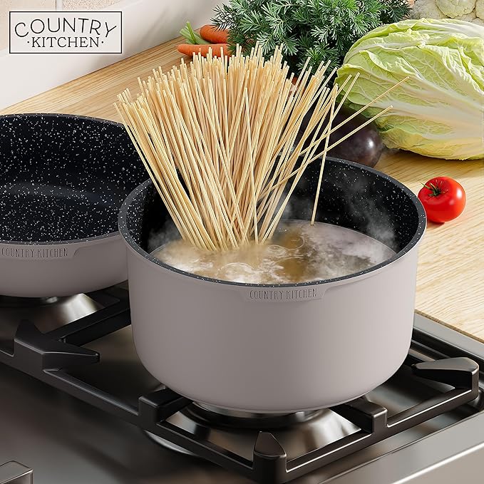 Country Kitchen Cookware Set with Removable Handle Oven &amp RV Safe Pots and Pans Set Grey/Black Original