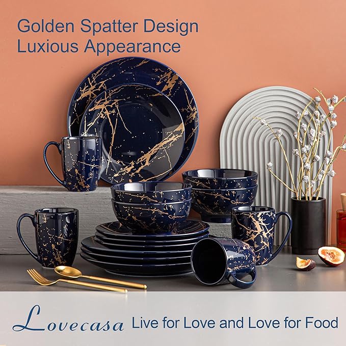 LOVECASA Porcelain Dinnerware Sets for 4 16 PCS Plates and Bowls Set Color Glaze with Gold Plate Dish Set Dinner Sets with Dinner Plates Dessert Plate Bowls and Mugs Dark Blue