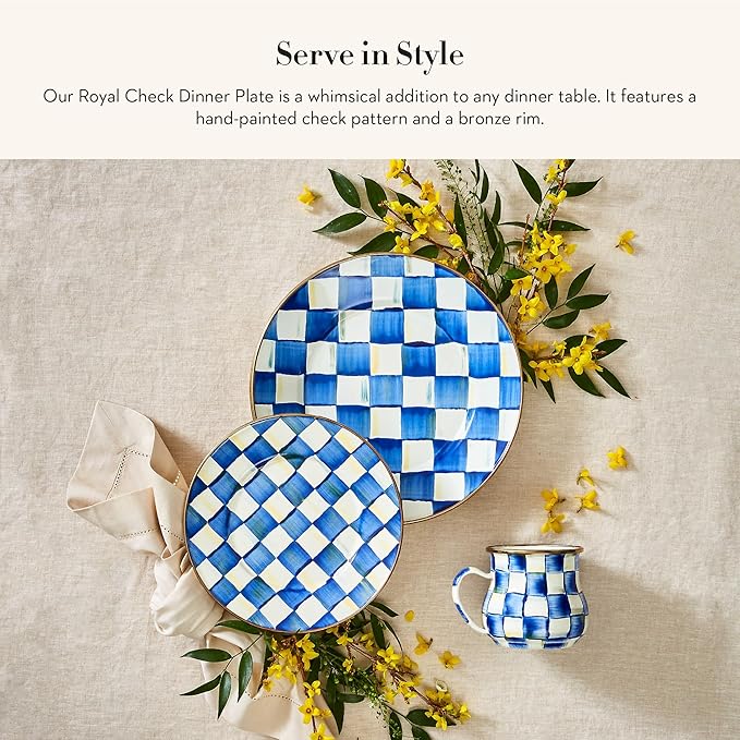 MACKENZIE-CHILDS Enamel Dinner Plate Decorative Dinnerware Plate 10 Inches Set of 4 Blue-and-White Royal Check