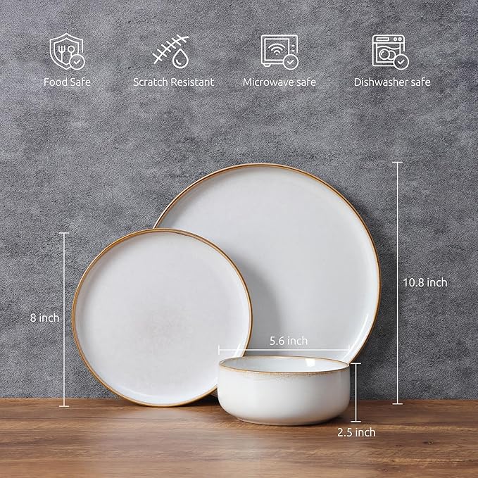 E-far Dinnerware Sets for 4 16-Piece Stoneware Plates and Bowls Set Reactive Glaze Dishes Dinning Ware Set Chip &amp Scratch Resistant Microwave &amp Dishwasher Safe - Seashell White