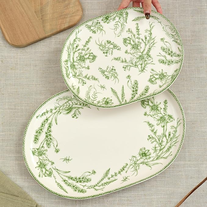 Bico Green Garden Toile De Jouy 16 plus 12 inch Oval Platters Set Set of 2 Microwave and Dishwasher Safe for Serving Fish Chicken Turkey