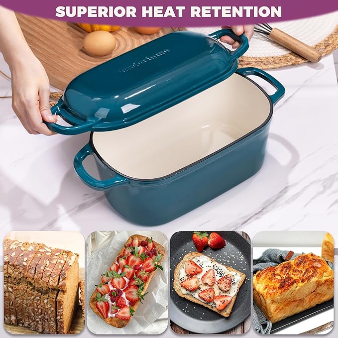 4.6-Quart Oval Dutch Oven for Bread Baking 2 in 1 Enameled Cast Iron Bread Pan with Lid Sourdough Bread Dutch Oven for a Crispy Crust Teal