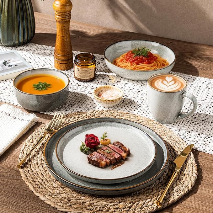 GBHOME 24 Pieces Double Bowls Ceramic Dinnerware Sets for 6 Stoneware Plates and Bowls Set with Reactive Glaze Scratch Resistant Stoneware Dishes Set Dishwasher &amp Microwave Safe