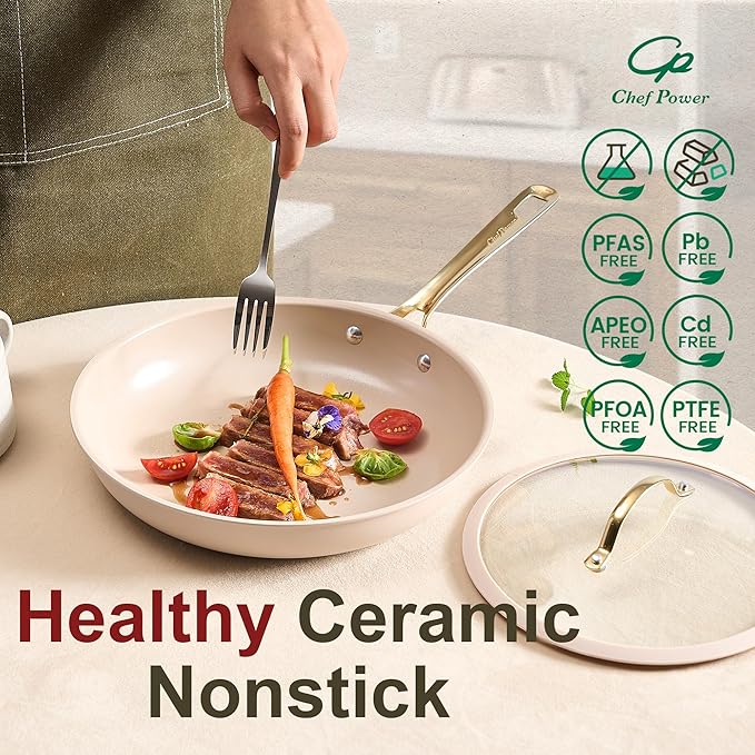 Chef Power Ceramic Cookware Sets 10Pcs Pots and Pans Set Non Stick Cookware Set with Stainless Steel Handle Dishwasher &amp Oven Safe Taupe and Light Gold Handle