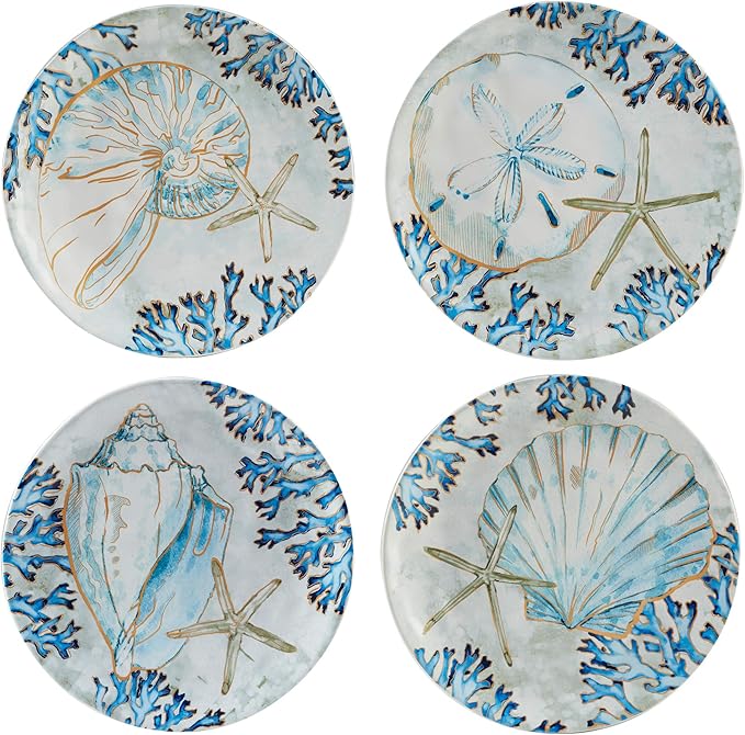 Playa Shells 16-Piece Coastal Dinnerware Set Service for 4 – Ceramic Plates Bowls &amp Mugs with Beach Shell Art – Great for Everyday Dining Entertaining Beach House or Nautical Décor