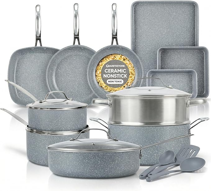 Granitestone Ceraluxe 20 Pc Ceramic Cookware Set Nonstick Complete Pots and Pans Set Non Stick for Kitchen with Bakeware Utensils &amp Steamer Non Toxic Made Without PFOA PFOS Oven &amp Dishwash