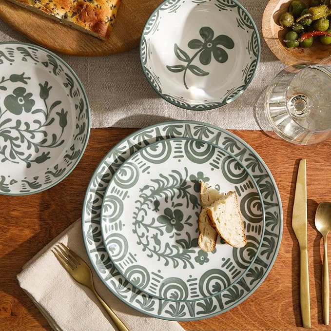 Bloomhouse - 2-Time Oprah’s Favorite Things - Valencia Flor 16 Piece Dinnerware Set Artisanal Decorated Stoneware Plates &amp Bowls Service for 4 Microwave &amp Dishwasher Safe Fern Green