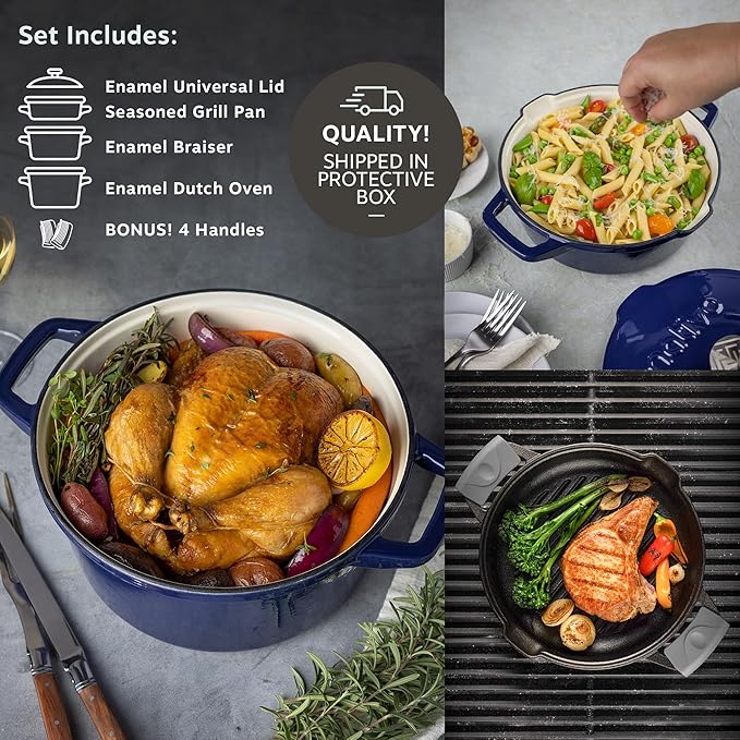 NATIVO 5 pc Stackable Cast Iron Cookware Set Versatile Enamel Dutch Oven Seasoned Grill Pan &amp Enamel Braiser with Precision Pour Spouts Universal Lid Included Spacers/Handle Holders Midnight
