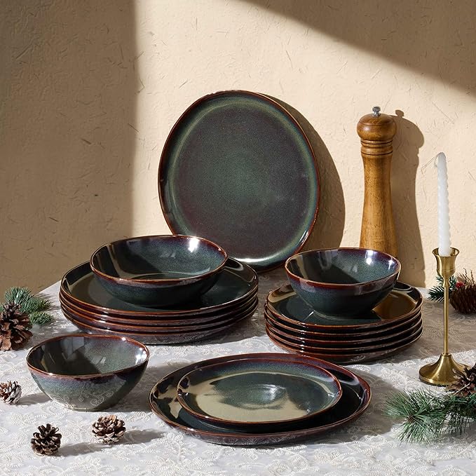 Herogo Stoneware Dinnerware Sets for 8 24 Piece Plates and Bowls Dish Set Irregular Handmade Dinner Ware Dishware for Kitchen Dinning Microwave &amp Dishwasher Safe Lichen Green