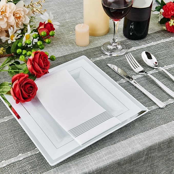 Vplus 90 Piece 9.5 Inch Silver Plastic Plates Disposable Heavy Duty White Elegant Durable Dinner Plastic Party Plates with Silver Rim Perfect for Party Christmas