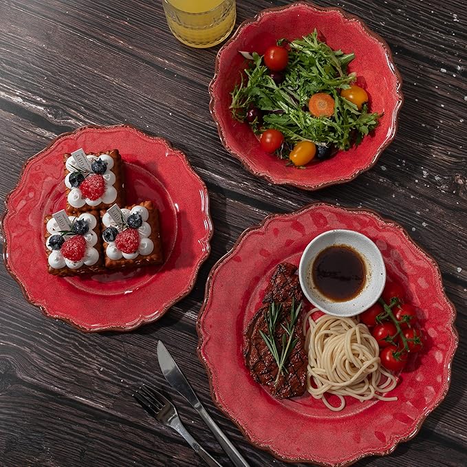 LEHAHA Farmhouse Red 12 Piece Melamine Dinnerware Sets For Indoor and Outdoor Use Rustic Dishes Dinnerware Sets with Bowls and Dinner/Dessert Plates BPA free Dinner Dishes Set Service for 4