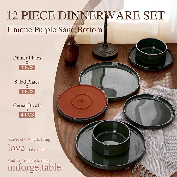 Vesteel 12-Piece Dinnerware Set Ceramic Tableware Reactive Glaze Plates and Bowls Sets Healthy Yixing Purple Clay Dishes Set Dishwasher &amp Microwave Safe - Blackish Green