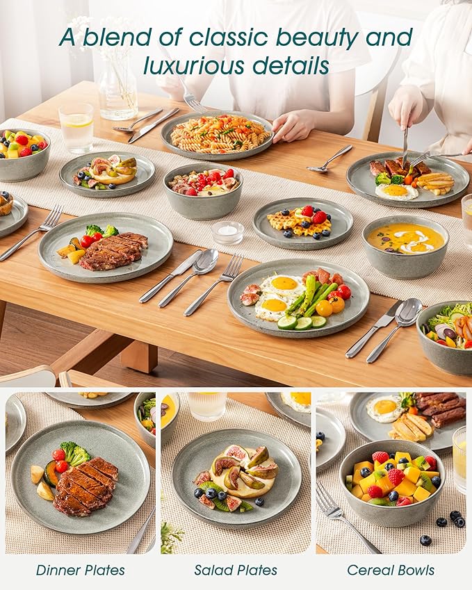 vancasso ANYA 18 Pieces Plates and Bowls Set Stone Grey Dinnerware Sets Reactive Glaze Dishes Set for 6 Ceramic Dishware Sets Kitchen Dinner Set Microwave &amp Dishwasher Safe