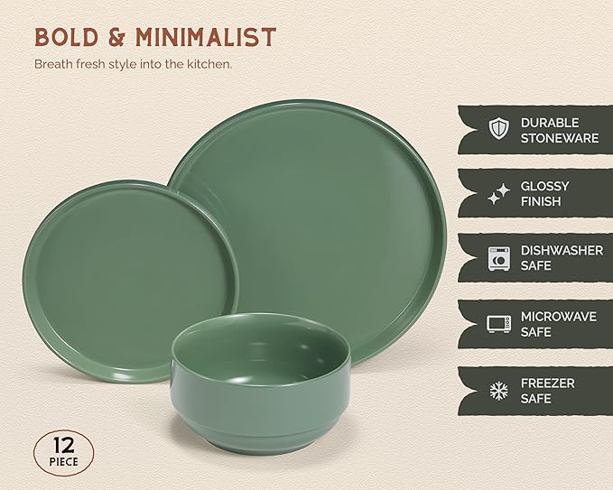 Ceramic Dinnerware Set 12-Piece Service for 4 Round Microwave and Dishwasher Safe Cambridge Classics (Dusty Jade)