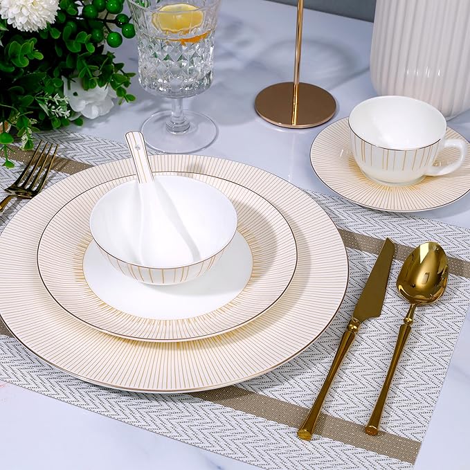 24 Piece White Porcelain Dinnerware Set for 4 Sunburst Design Plates and Bowls Sets with Gold RimHighly Chip and Crack Resistant | Dishwasher Safe Dishes Set