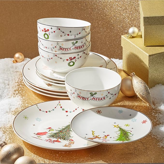 Lenox 895051 Merry Grinchmas 12-Piece Dinnerware Set Green 12 Count Christmas Holiday Hosting