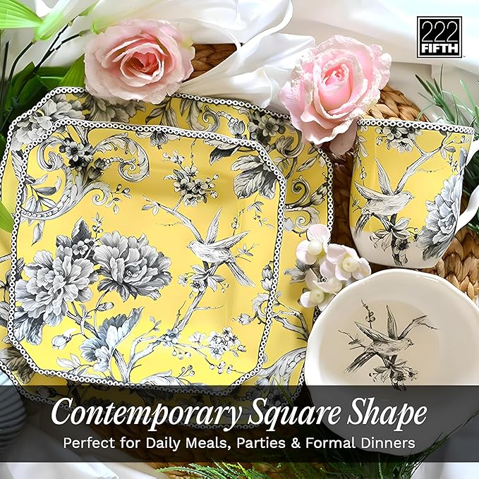 222 Fifth Adelaide 16-Piece Square Floral Dinnerware Set – Service for 4Yellow Porcelain Big Dinner Plates and Bowls Sets for Everyday Entertainment Microwave &amp Dishwasher Safe Chip Resistant