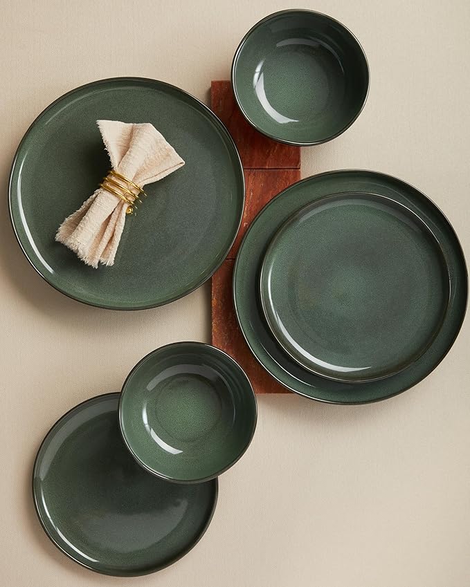 Plates and Bowls Sets for Family of 6 Ceramic Dinnerware Sets Kitchen Dish Set Microwave &amp Dishwasher Safe Dishware Highly Durable Reactive Glazed Dinner Set Forest Green